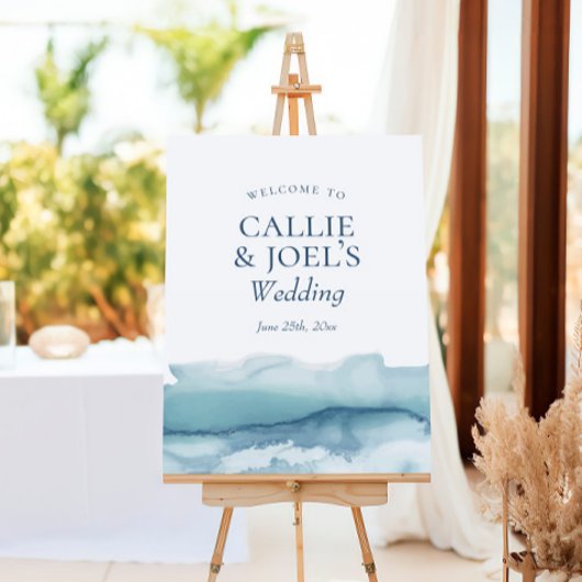 Moderne Wasserfarbe Blaue Ozeanhochzeit Begrüßungs Poster