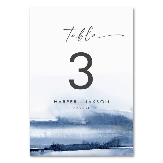 Moderne Wasserfarbe | Blaue Tischnummer (Rückseite)