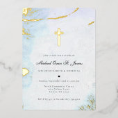 Moderne Wasserfarbe | Blauer und goldene Taufe Ein Folieneinladung (Vorderseite)