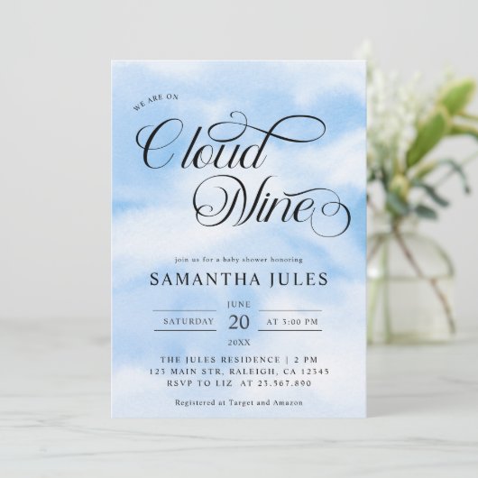 Moderne Wasserfarbe Blue Cloud Nine Baby Dusche Einladung (Stehend Vorderseite)
