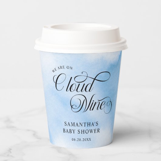 Moderne Wasserfarbe Blue Cloud Nine Baby Dusche Pappbecher (Rückseite)