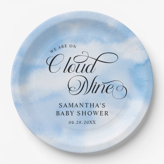 Moderne Wasserfarbe Blue Cloud Nine Baby Dusche Pappteller (Vorderseite)