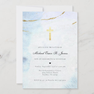 Moderne Wasserfarbe Blue & Gold Taufe Einladung