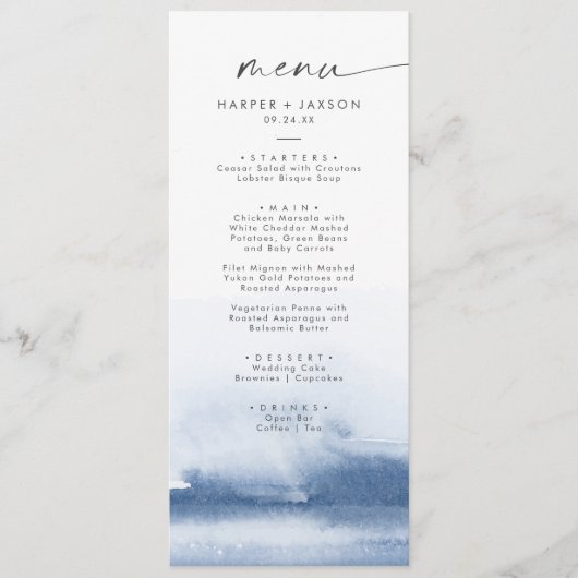 Moderne Wasserfarbe | Blue Wedding Dinner Menu Menükarte (Vorderseite)