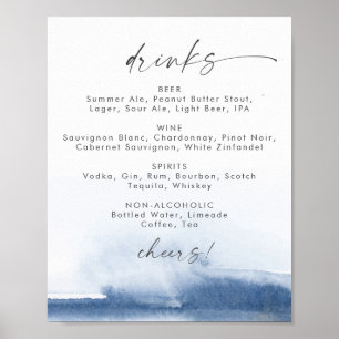 Moderne Wasserfarbe   Blue Wedding Drinks Menu Sig Poster