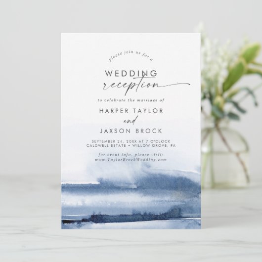 Moderne Wasserfarbe | Blue Wedding Reception Einla Einladung (Stehend Vorderseite)