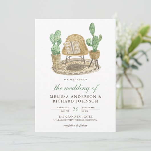 Moderne Wasserfarbe Boho Cactus Wedding Einladung (Stehend Vorderseite)