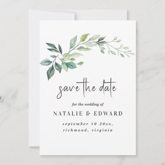 Moderne Wasserfarbe Eukalyptusblätter Grün Save The Date (Vorderseite)