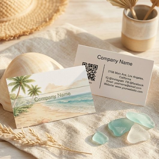 Moderne Wasserfarbe Ferienhaus am Strand QR-Code Visitenkarte