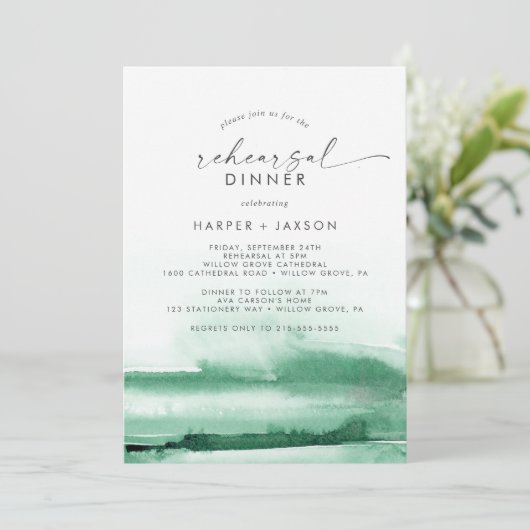 Moderne Wasserfarbe | Green Probe Dinner Einladung (Stehend Vorderseite)