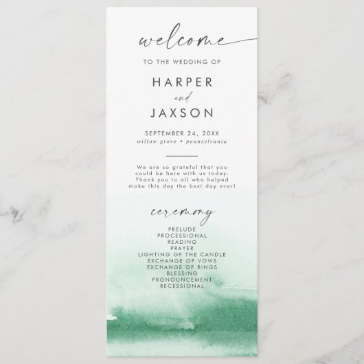 Moderne Wasserfarbe | Grüne Hochzeiten Programm (Vorderseite)