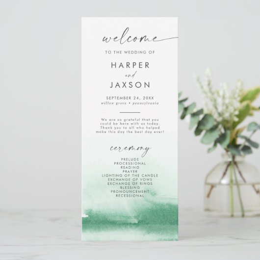 Moderne Wasserfarbe | Grüne Hochzeiten Programm (Stehend Vorderseite)