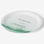 Moderne Wasserfarbe | Grüne Hochzeitstorte Pappteller (Schrägansicht)
