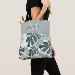 Moderne Wasserfarbe Grüne Monstera-Blätter Monogra Tasche