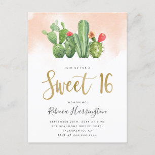 Moderne Wasserfarbe & Kakteen Sweet 16 Einladungspostkarte