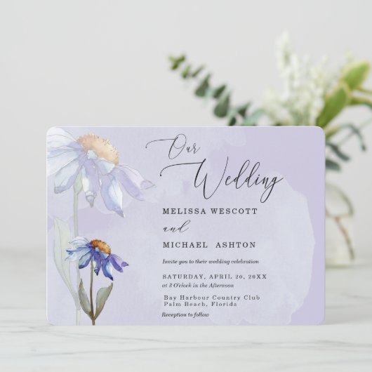 Moderne Wasserfarbe Lila Gerbera Daisy Wedding Einladung (Stehend Vorderseite)