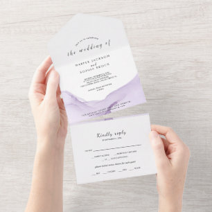 Moderne Wasserfarbe Lila Hochzeit All In One Einladung