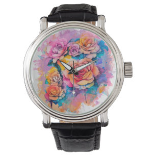 Moderne Wasserfarbe-Malerei Tupfen Rosenstrauß Armbanduhr