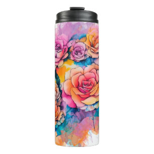 Moderne Wasserfarbe-Malerei Tupfen Rosenstrauß Thermosbecher
