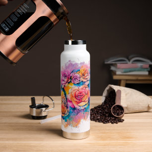 Moderne Wasserfarbe-Malerei Tupfen Rosenstrauß Trinkflasche