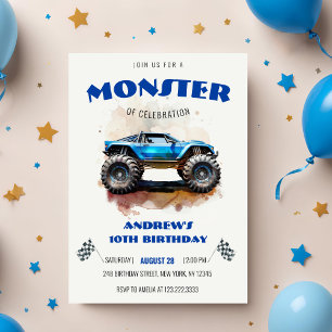 Moderne Wasserfarbe-Monster-Truck-Blue-Boy-Geburts Einladung