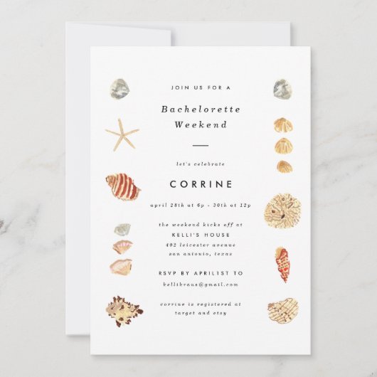 Moderne Wasserfarbe Muscheln Junggeselinnen-Abschi Einladung (Vorderseite)