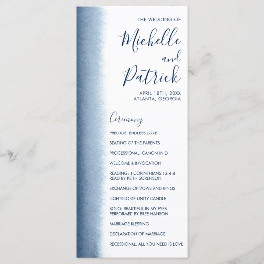Moderne Wasserfarbe Navy Blau Hochzeit Programm (Vorderseite)