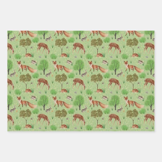 Moderne Wasserfarbe Niedliche Waldtiere Wiese Geschenkpapier Set (Vorderseite)