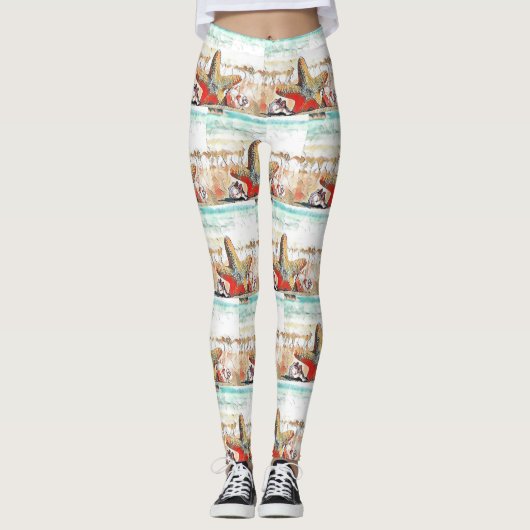 Moderne Wasserfarbe Orange Seashells am Strand Leggings (Vorderseite)