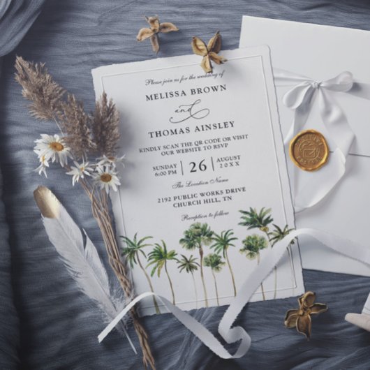Moderne Wasserfarbe Palm Budget QR-Code Hochzeit Einladung