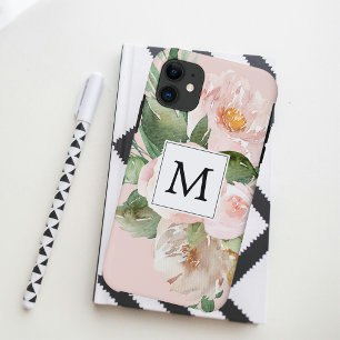Moderne Wasserfarbe Rosa Blumen Monogrammiert Case-Mate iPhone Hülle