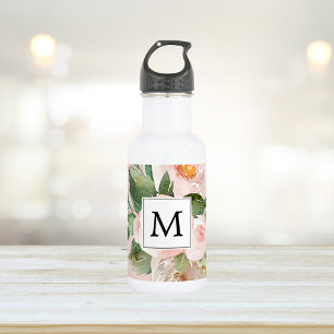Moderne Wasserfarbe Rosa Blumen Monogrammiert Edelstahlflasche