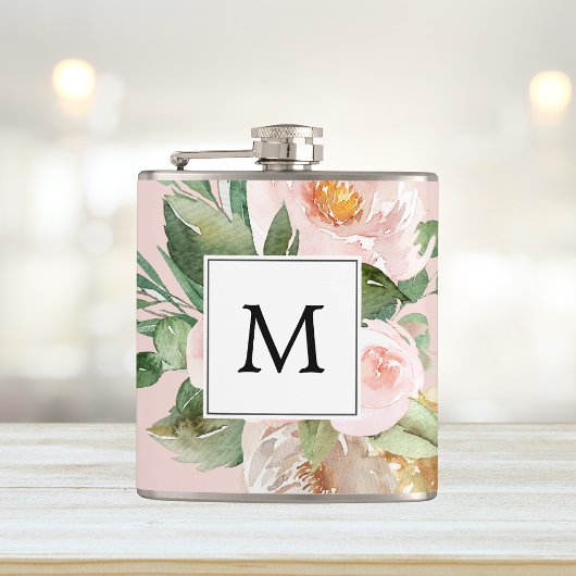 Moderne Wasserfarbe Rosa Blumen Monogrammiert Flachmann