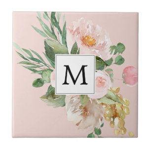Moderne Wasserfarbe Rosa Blumen Monogrammiert Fliese