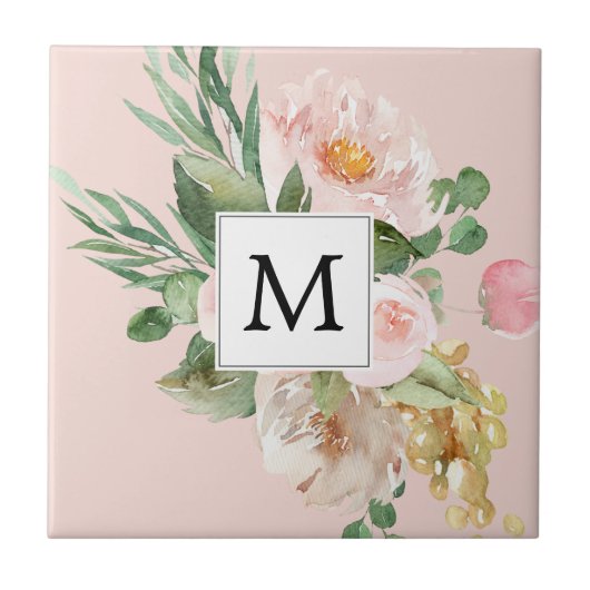 Moderne Wasserfarbe Rosa Blumen Monogrammiert Fliese (Vorderseite)