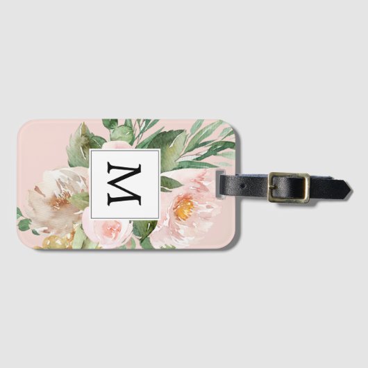 Moderne Wasserfarbe Rosa Blumen Monogrammiert Gepäckanhänger (Vorderseite (Horizontal))