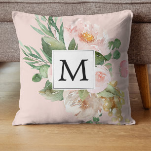 Moderne Wasserfarbe Rosa Blumen Monogrammiert Kissen