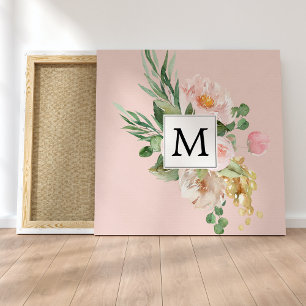 Moderne Wasserfarbe Rosa Blumen Monogrammiert Leinwanddruck