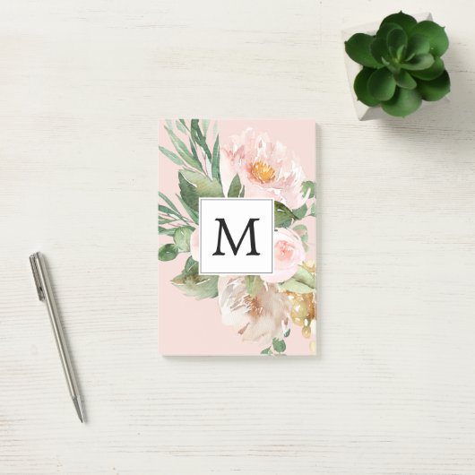 Moderne Wasserfarbe Rosa Blumen Monogrammiert Post-it Klebezettel (Büro)