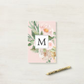 Moderne Wasserfarbe Rosa Blumen Monogrammiert Post-it Klebezettel (Auf Schreibtisch)