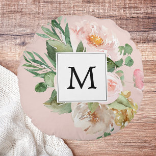Moderne Wasserfarbe Rosa Blumen Monogrammiert Rundes Kissen