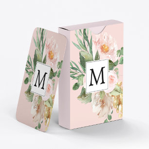 Moderne Wasserfarbe Rosa Blumen Monogrammiert Spielkarten