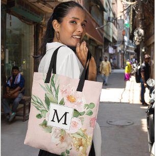 Moderne Wasserfarbe Rosa Blumen Monogrammiert Tasche
