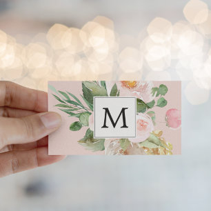 Moderne Wasserfarbe Rosa Blumen Monogrammiert Visitenkarte