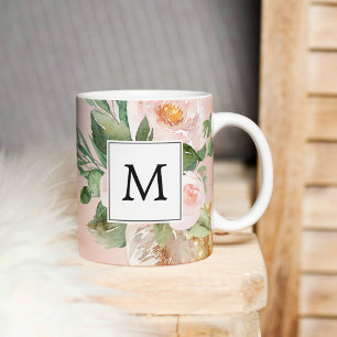 Moderne Wasserfarbe Rosa Blumen Monogrammiert Zweifarbige Tasse