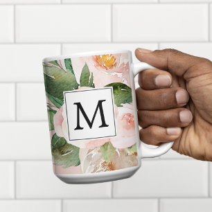 Moderne Wasserfarbe Rosa Blumen Monogrammiert Zweifarbige Tasse