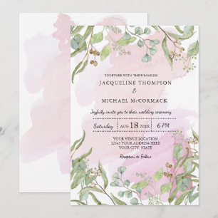 Moderne Wasserfarbe Rosa Eukalyptus Grüne Hochzeit Einladung