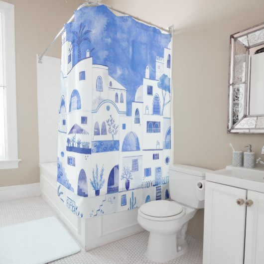 Moderne Wasserfarbe Santorini Griechische Insel Duschvorhang (Beispiel)