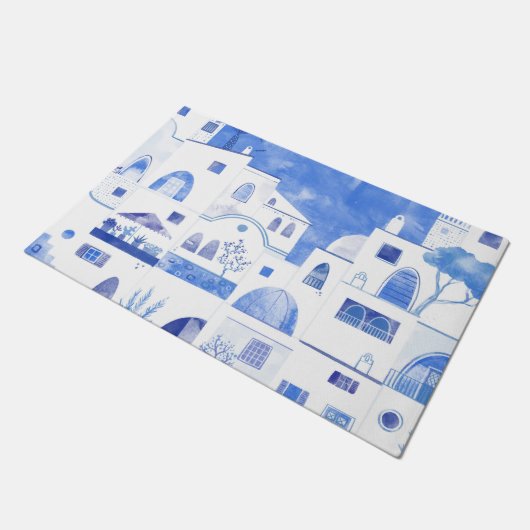 Moderne Wasserfarbe Santorini Griechische Insel Fußmatte (Schrägansicht)