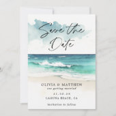 Moderne Wasserfarbe-Skript-Ozean-Strand-QR-Code  Save The Date (Vorderseite)